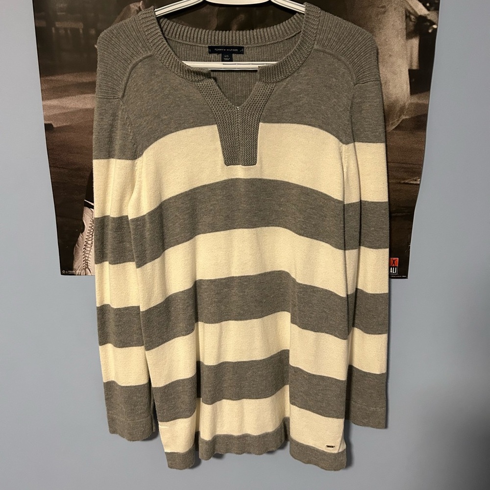 Tommy Hilfiger Gray and Cream Striped Cardigan Sweater